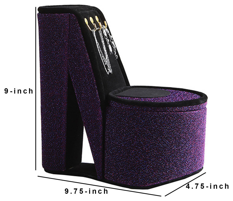 Benzara BM240355 High Heel Shoe Jewelry Box With 3 Hooks and Storage, Purple