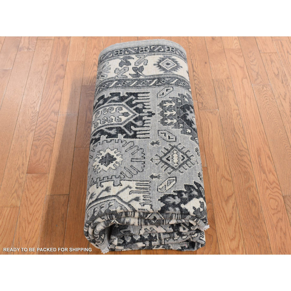 Medium Gray Pure Wool Hand Knotted Peshawar With Karajeh Design Rug 6'2"x9'2"