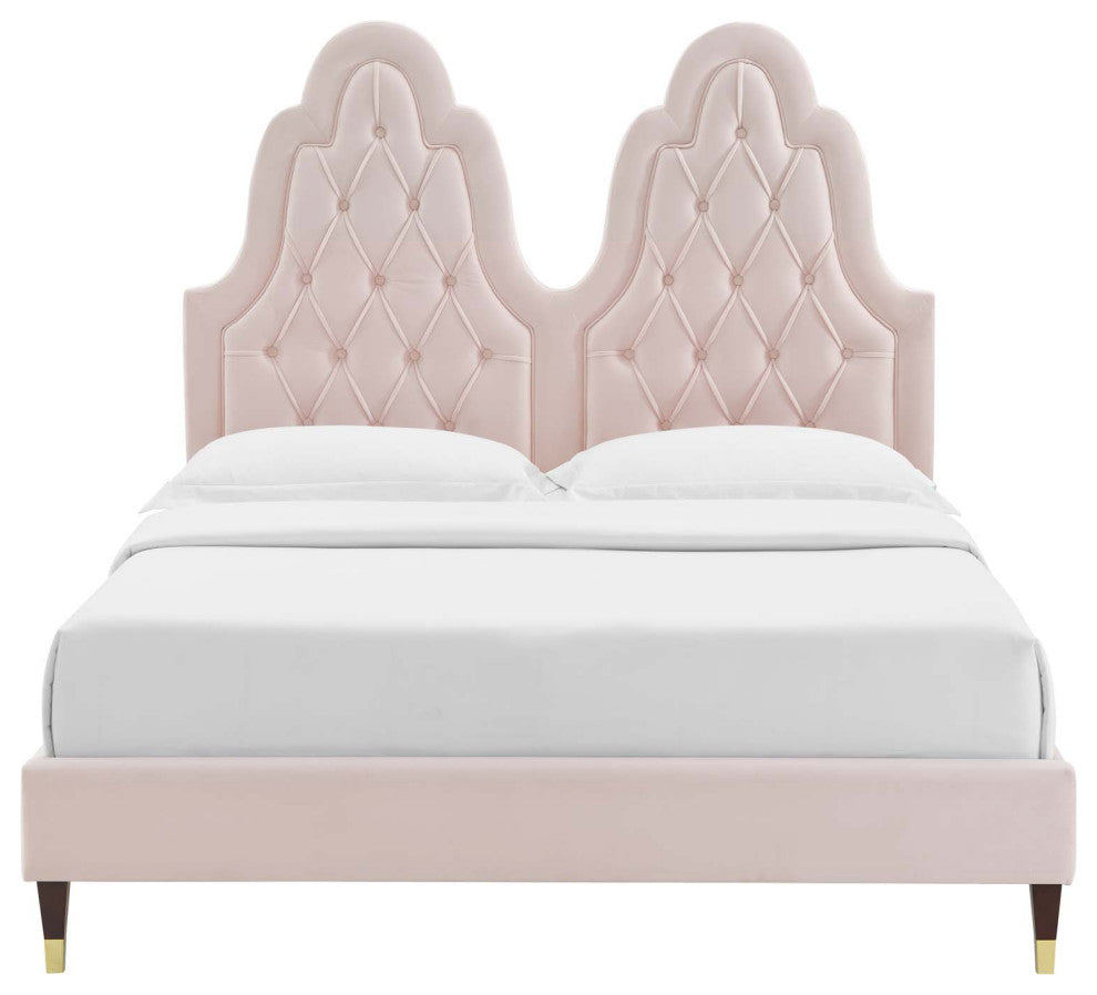 Tufted Platform Bed Frame, Queen Size, Velvet, Pink, Modern Contemporary