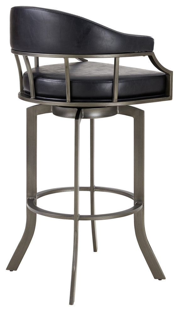 Benzara BM282701 Blake 30" Vegan Leather Bar Stool, Swivel, Metal Legs, Black