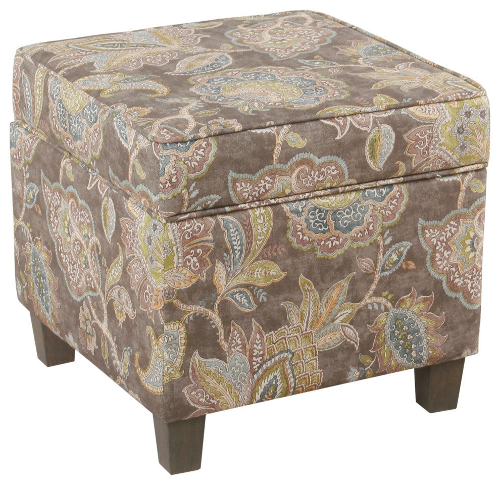 Floral Pattern Fabric Ottoman With Lift Off Top & Tapered Feet, Multicolor