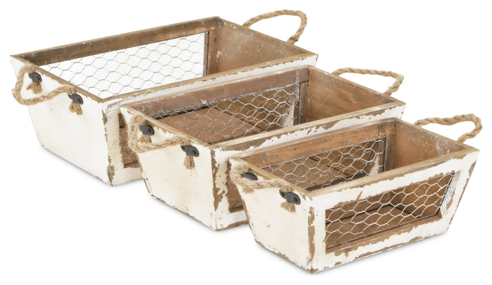 Chicken Wire Wooden Crates, Set of 3