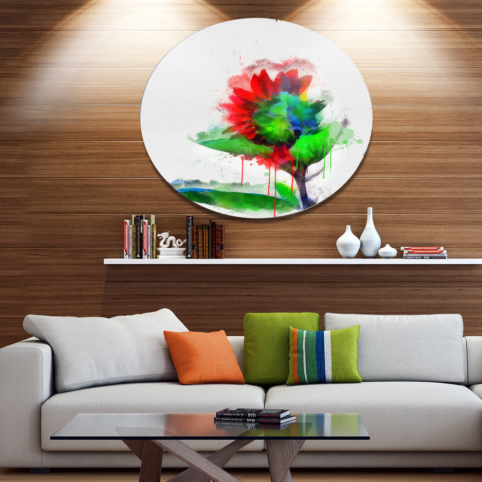 Colorful Flower Stem With Splashes, Floral Round Metal Wall Art, 11"