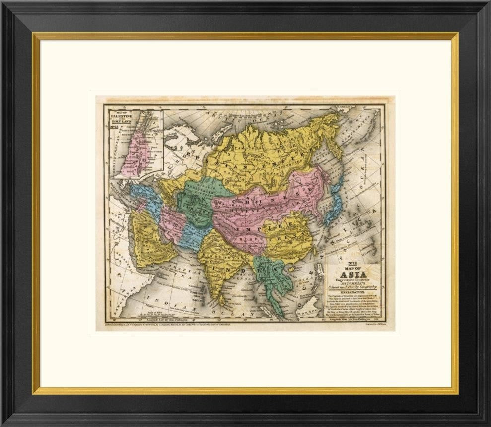 "Map of Asia, 1839" Framed Digital Print by Samuel Augustus Mitchell, 26"x22"