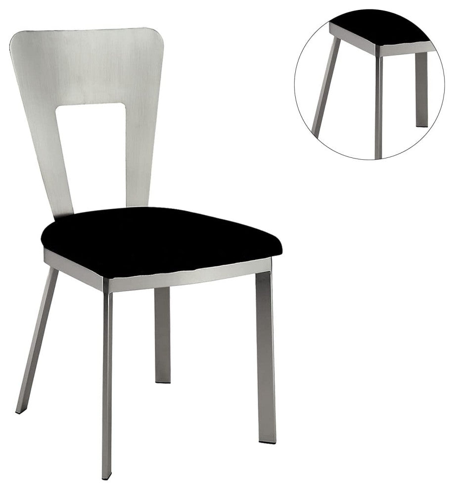 Set of 2 Dining Chair, Silver Finished Open Back With Black Microfiber Seat