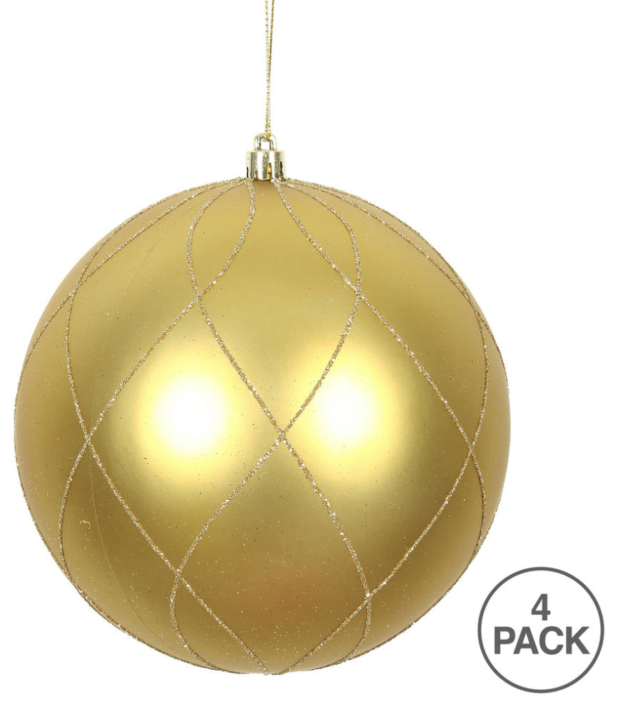 Vickerman N170608D 4" Gold Matte And Glitter Swirl Ball Ornament, 4 Per Box