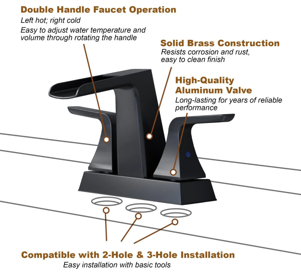 CASAINC 4 In. Bathroom Faucet for Sink 3 Hole Pop-up Drain Water Supply Lines, Matte Black