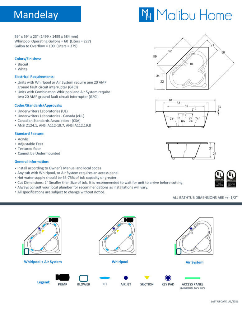 Malibu Mandelay Triangle Combo Whirlpool and Air Bathtub 59x59x23 Biscuit