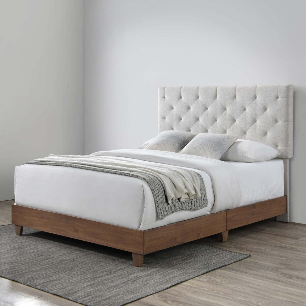 Rhiannon Diamond Tufted Upholstered Fabric Queen Bed - Walnut Beige