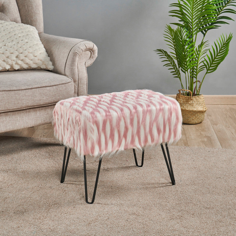 Feathery Faux Fur Ottoman, Pink, 19''x13''x17''