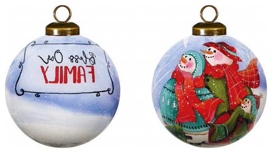 Snowman Family Bless Our Family Wordings Hand Painted Mouth Blown Glass Ornament