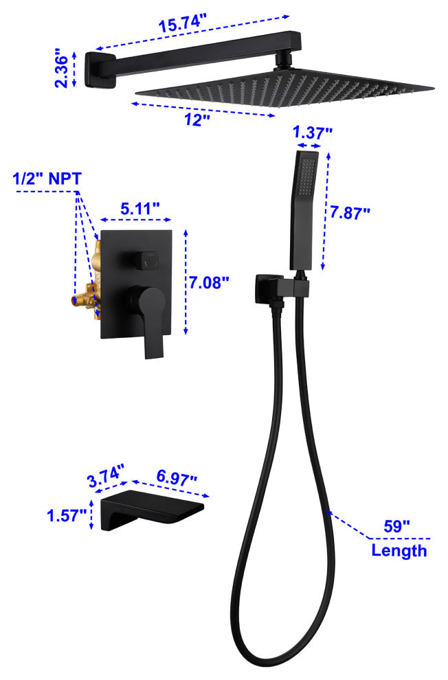 Wellfor Rainfall Shower Faucet, 12" Rain Shower Head With Handheld Combo Set, Black