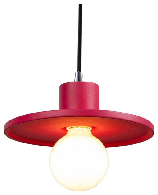 Saucer Pendant, Cerise, Polished Chrome, Black Cord