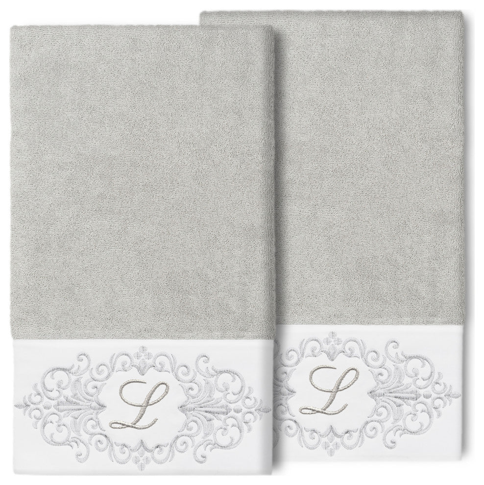 Linum Home Turkish Cotton Monica 2-Piece Embellished Bath Towel Set, Light Gray