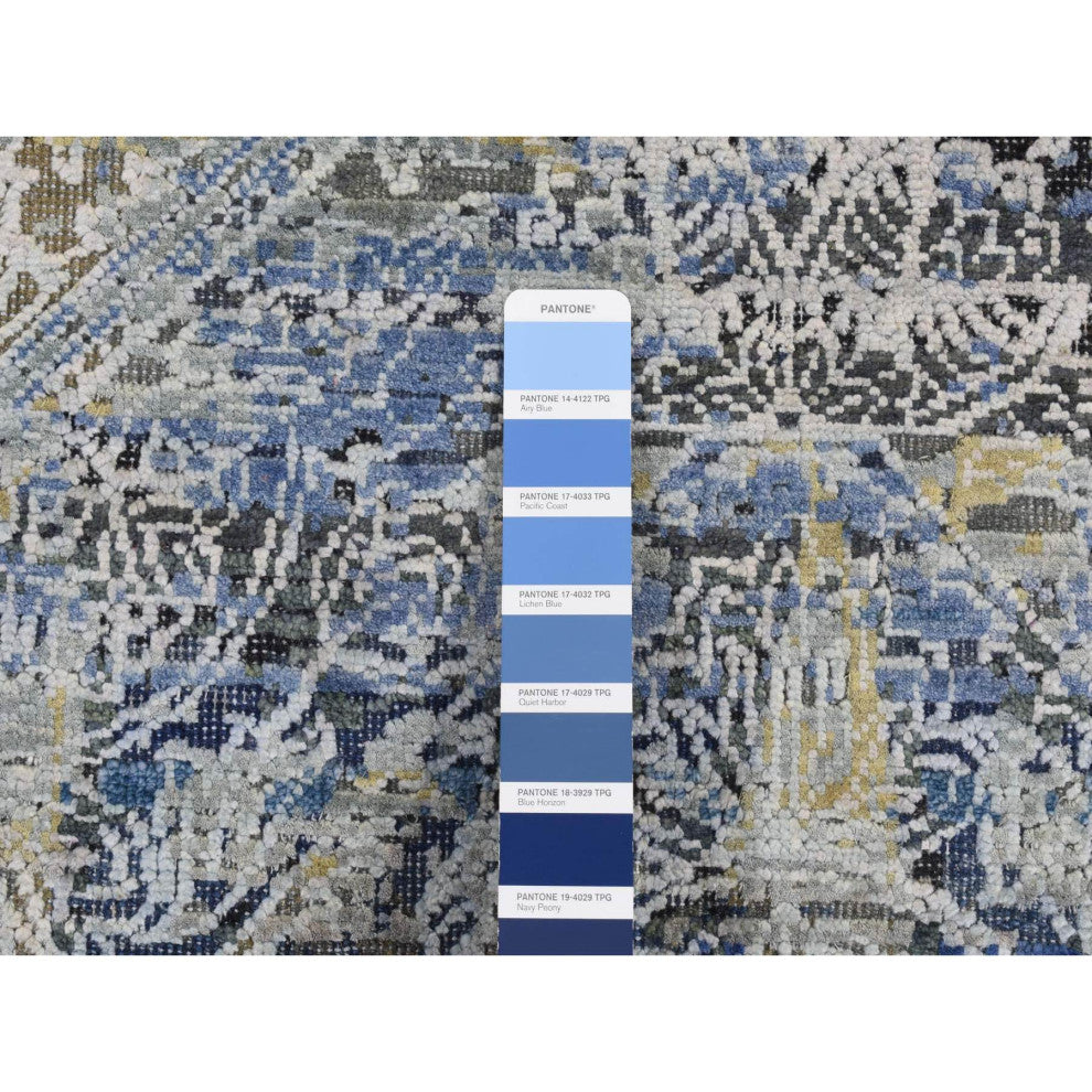 Steel Blue Broken and Erased Silk With Wool Hand Knotted Runner Rug 2'7"x8'3"