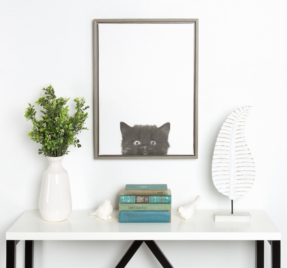 Sylvie Black Kitten 18x24, Gray Framed Canvas Wall Art by Simon Te Tai