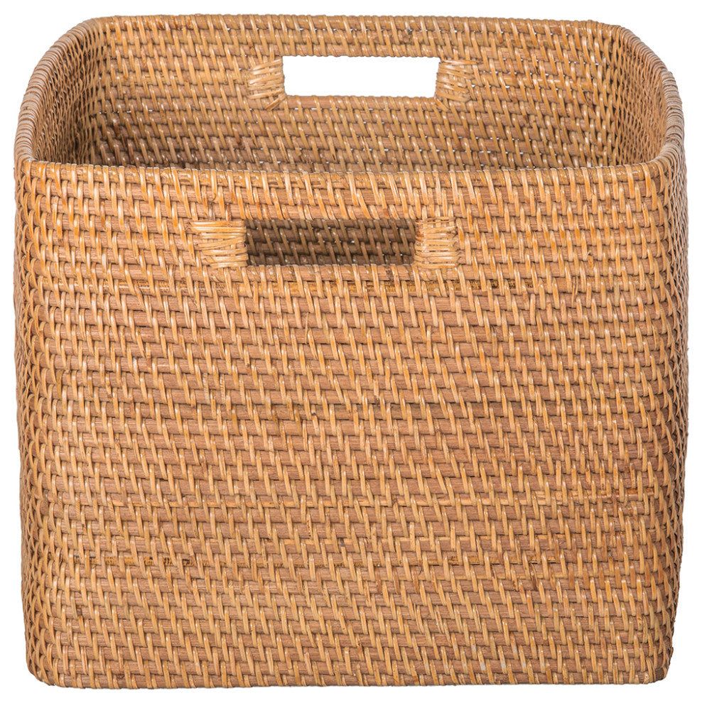 Loma Decorative Square Rattan Storage Basket With Handles, Honey-Brown, Honey Brown