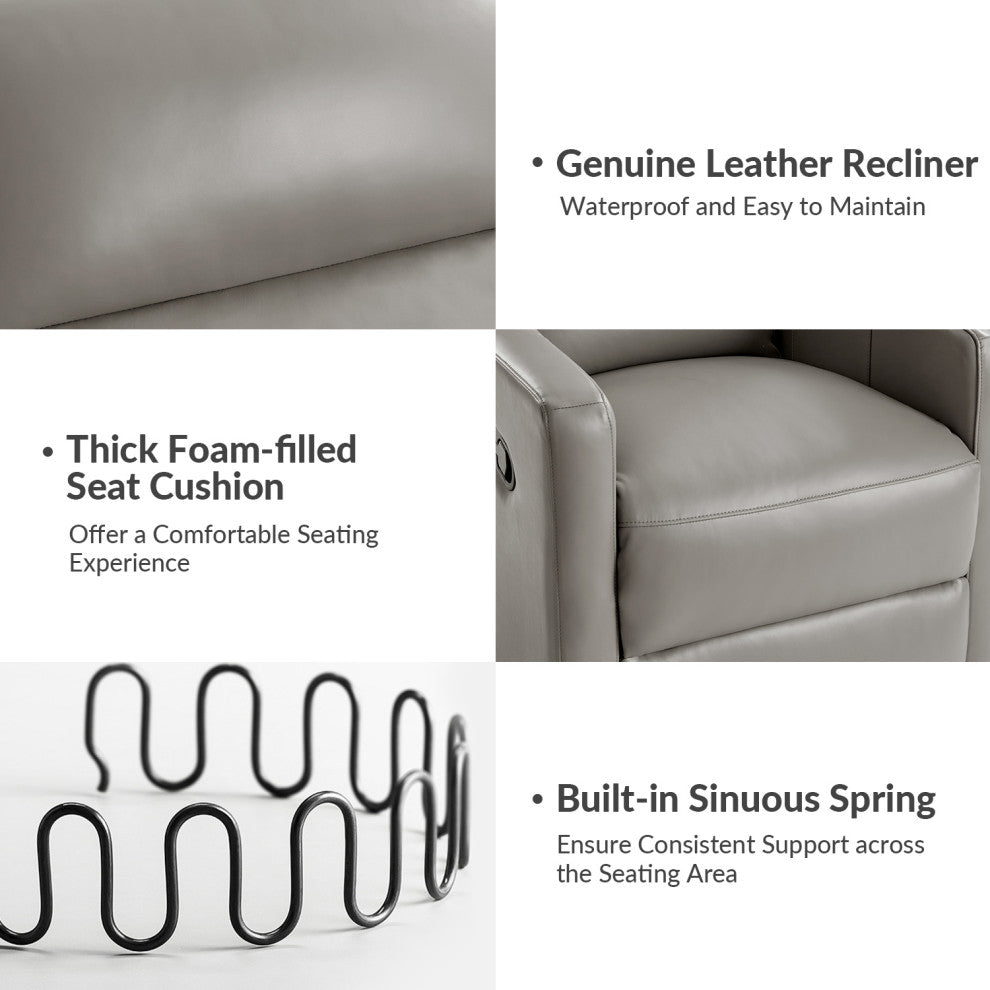 Genuine Leather Swivel Rocker Recliner With Adjustable Headrest, Gray