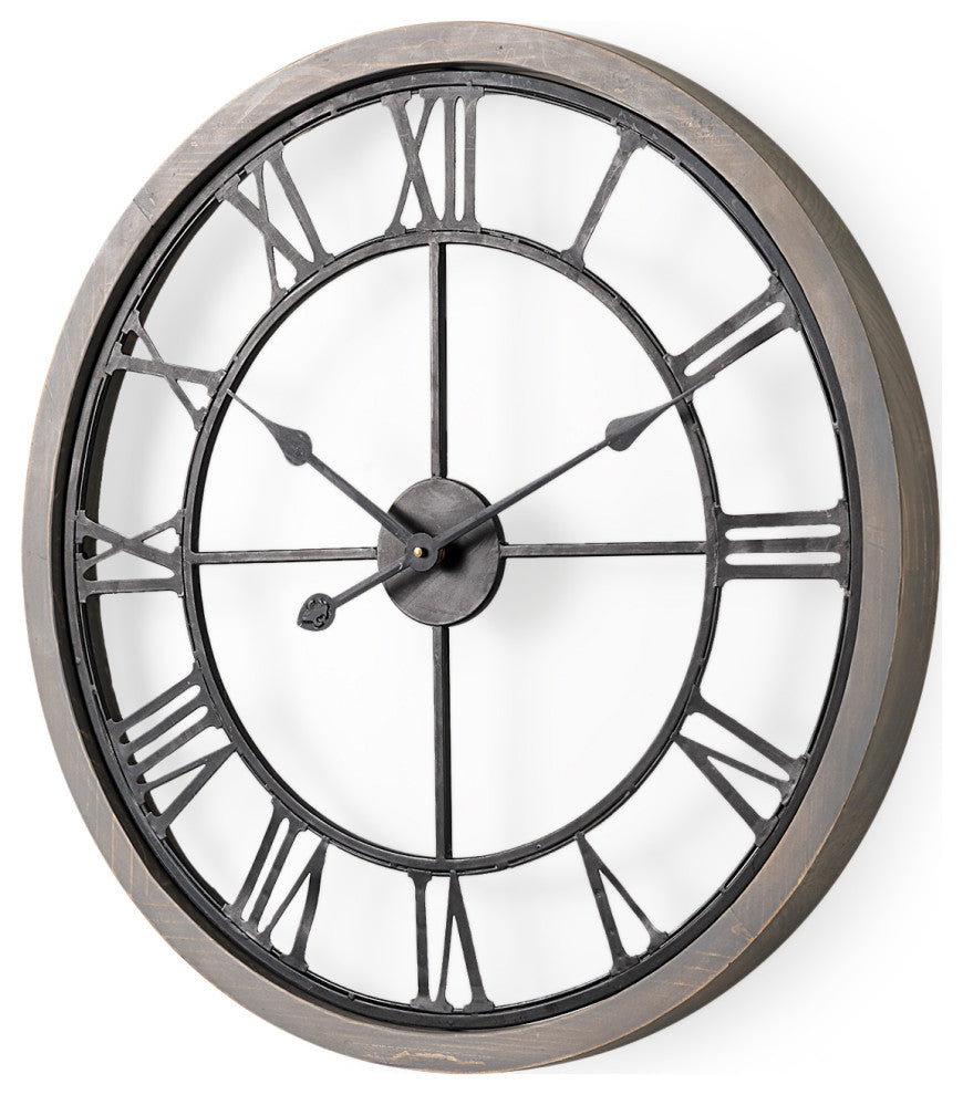 Mething Gray Wood and Black Metal 25" Round Wall Clock