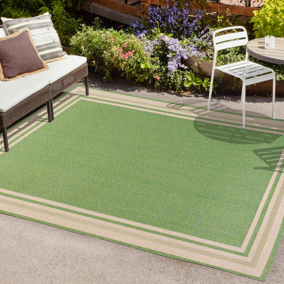 James Modern Border Stripe Indoor/Outdoor Area Rug, Green/Cream, 5x8