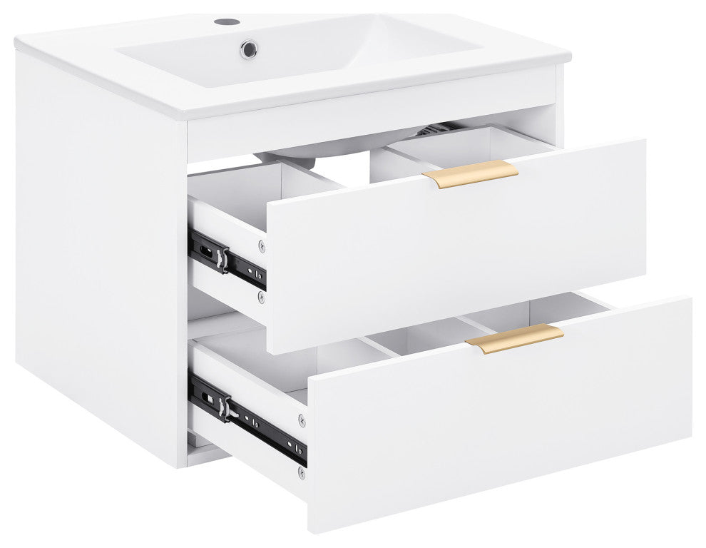 24" MDF Wall Mounted Bath Vanity, Integrated Ceramic Sink, White