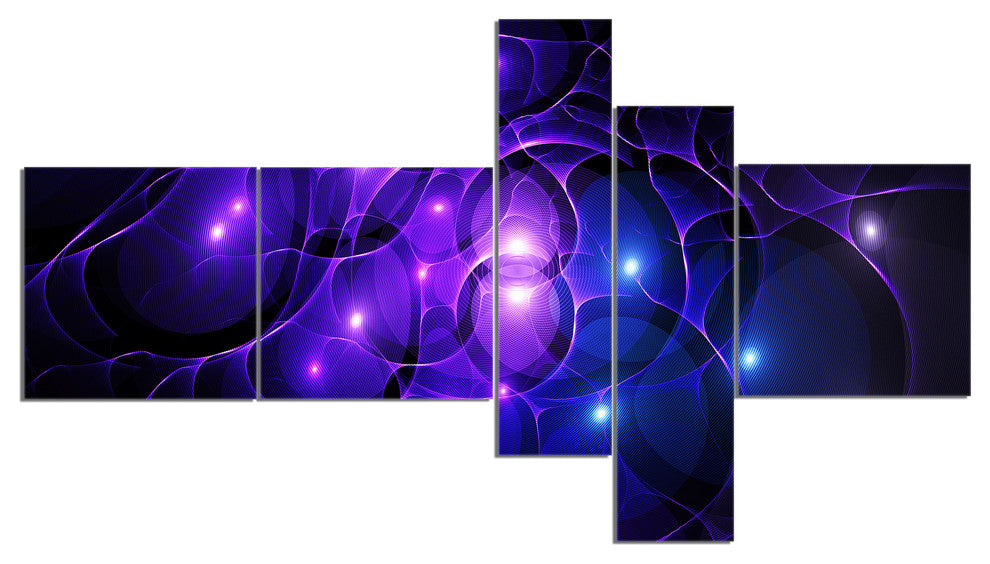 Blue Fractal Space Circles, Abstract Canvas Art Print, 60"x32", 5 panels