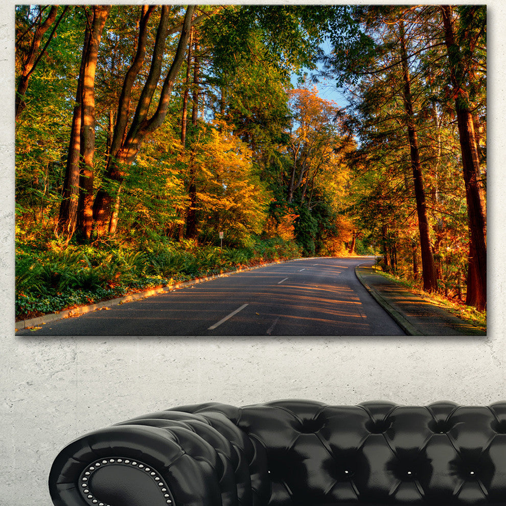 Road through Lit up Fall Forest, Large Landscape Canvas Art, 60"x28"