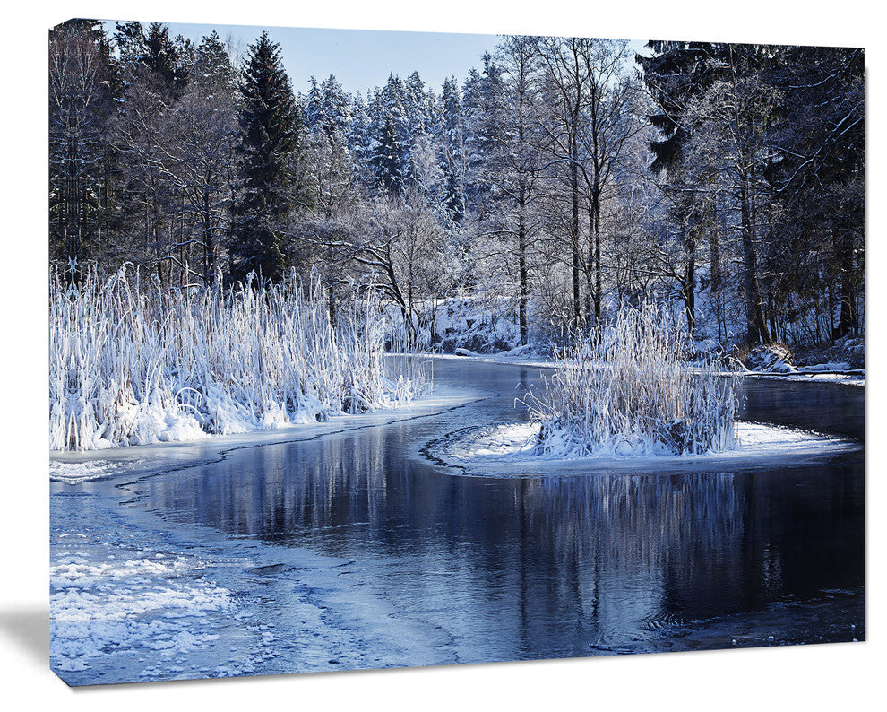 Winter Lake in Deep Forest, Landscape Canvas Art Print, 60"x28"