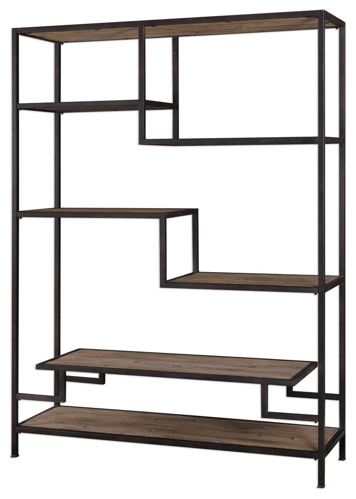 Extra Large Staggered Shelf Etagere, Book Shelves Open Industrial Wood Metal
