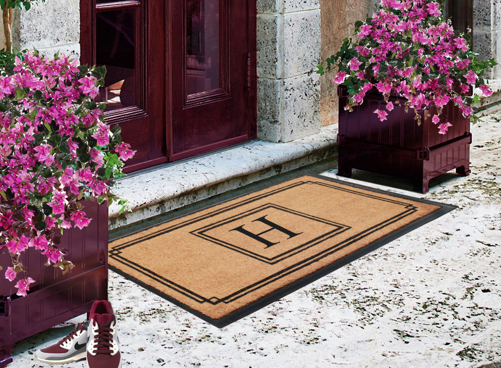A1HC Rubber and Coir Monogrammed Large Doormat 24"X47.5" Black/Beige, H
