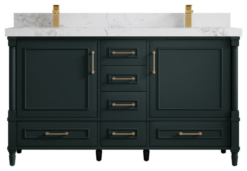Aberdeen 60 Double Bathroom Vanity in Dark Forest Green 2" Calacatta Nuvo