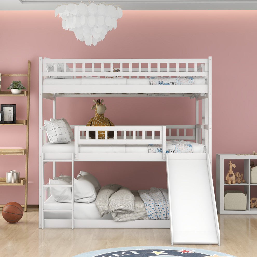 Gewnee Wood Triple Full Size Convertible Bunk Bed in White