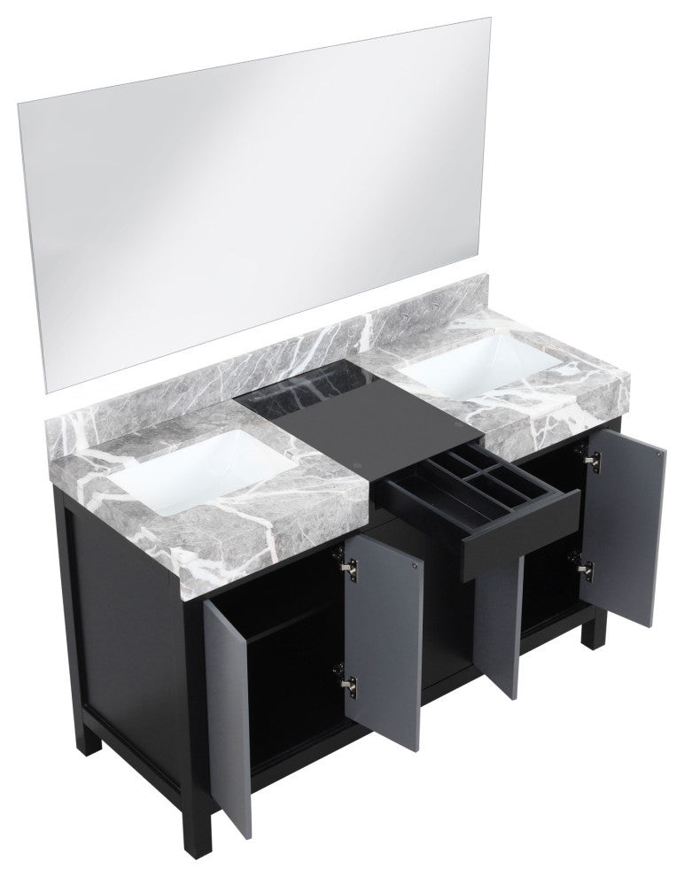 55" Double Vanity, Marble Tops, White Square Sinks, And 53" Frameless Mirror