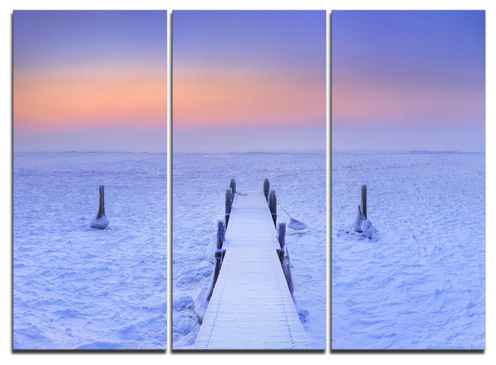 "Jetty in Frozen Lake Netherlands" Wooden Metal Wall Art, 3 Panels, 36"x28"