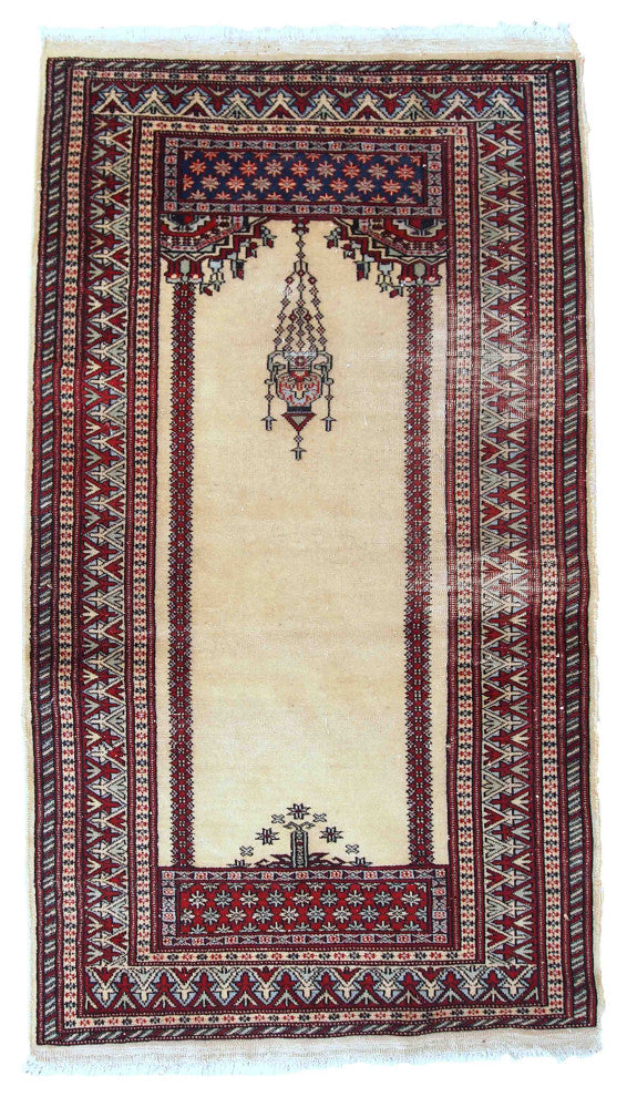 Handmade Vintage prayer Pakistani Lahore Rug, 2.5'x4.6', 77cmx140cm 1960s