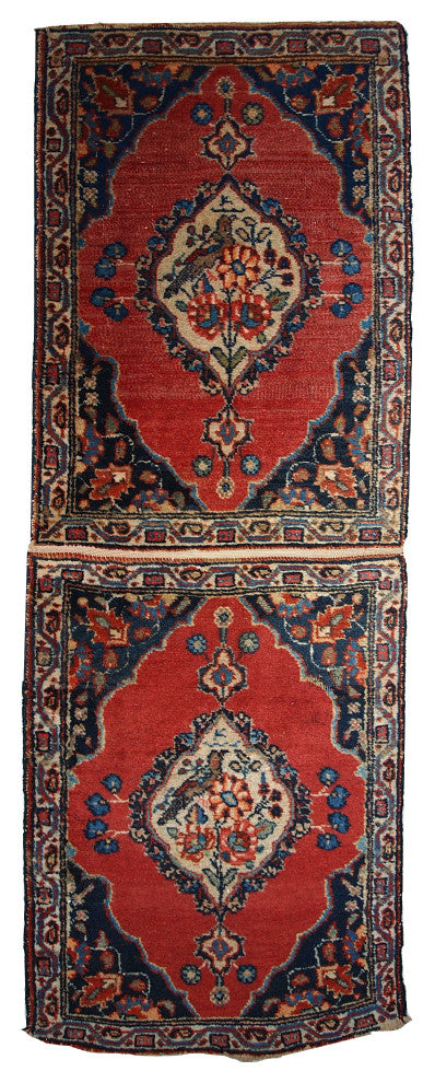 Handmade antique collectible Persian Tabriz double mat rug 1.7' x 4.7' ( 52cm x