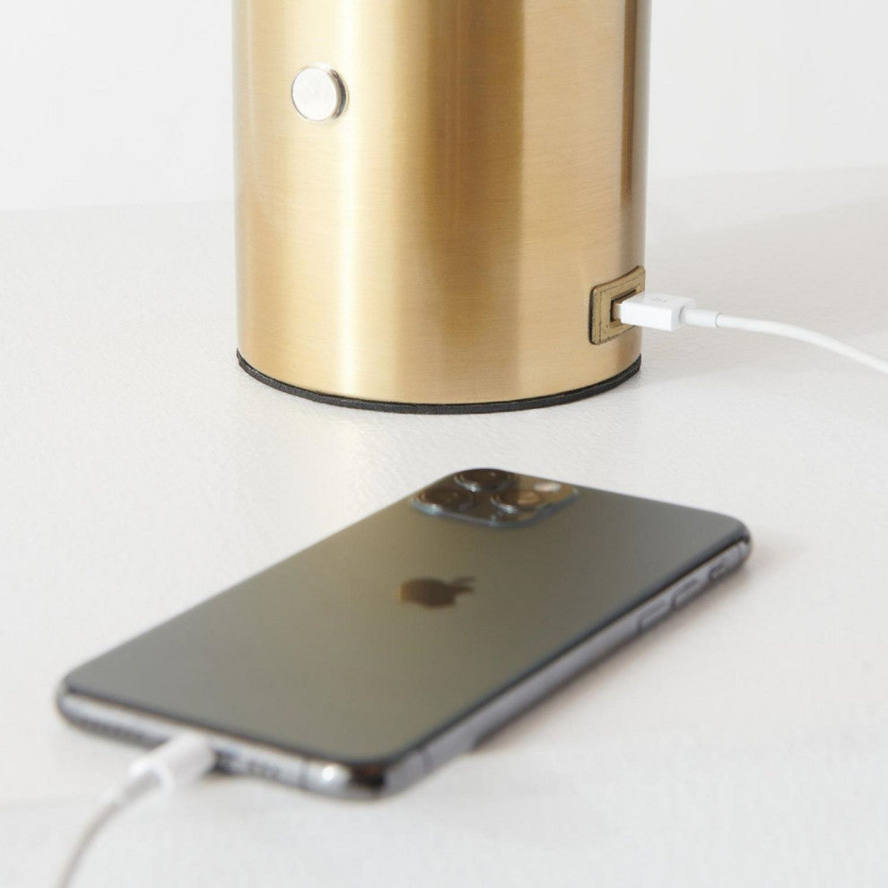 Brightech Kai LED Table Lamp with USB Port, Glass Globe Shade, Stunning Brass