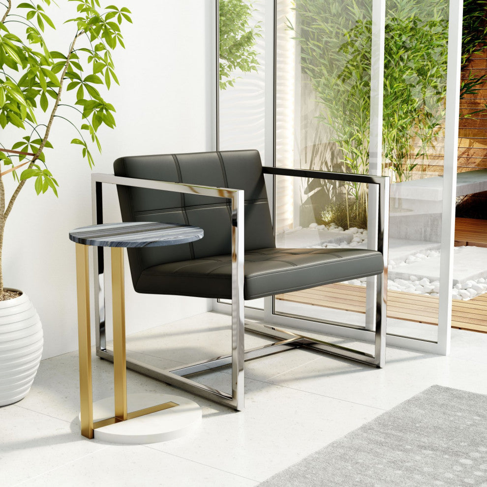 Sofa Side Table, Round, Artificial Marble, Iron Metal, Gray, Gold, White