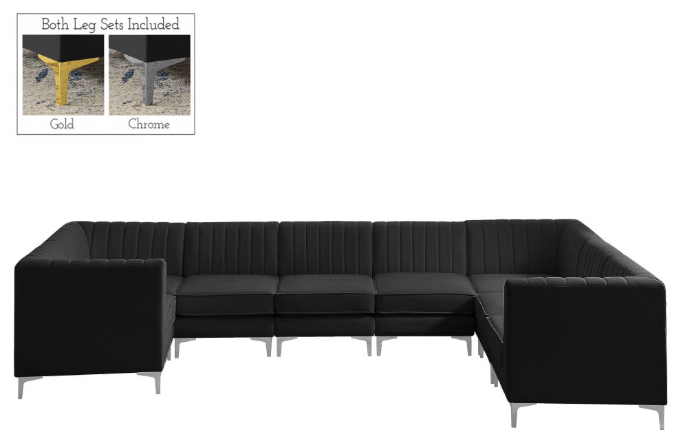 Alina Black Velvet 8-Piece Modular Sectional, Black, U-Shaped
