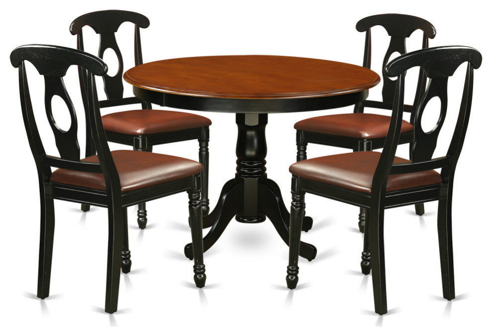5 Pc Set, Round Kitchen Table And 4 Leather Dinette Chairs, Linen White