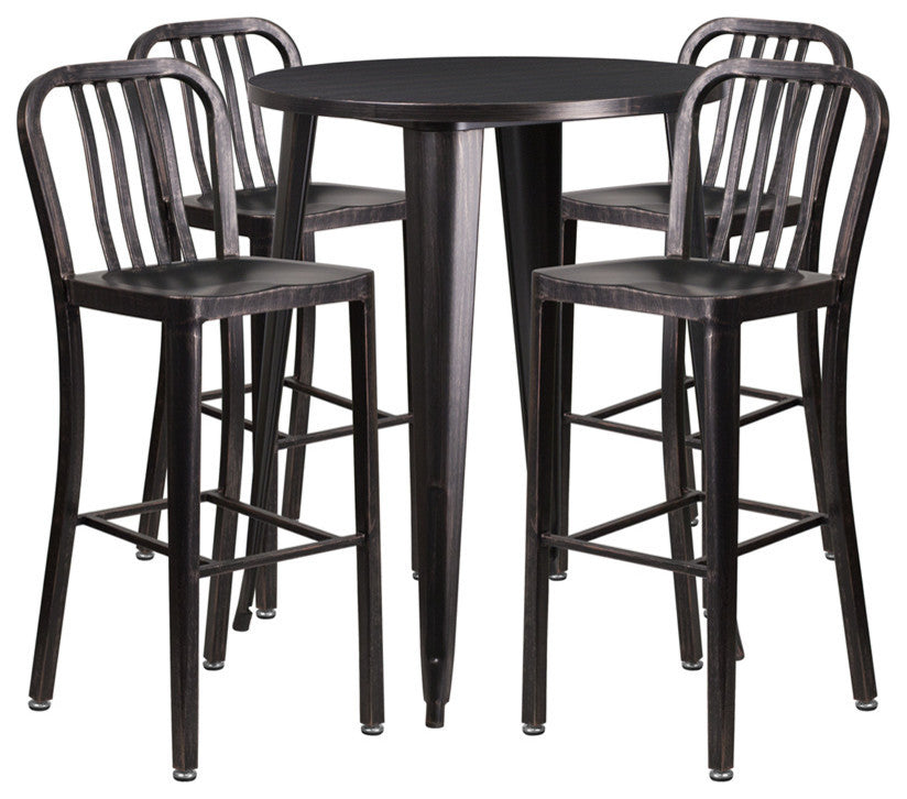 30" Round Black-Antique Gold Metal Bar Table With 4 Vertical Slat Back Stools