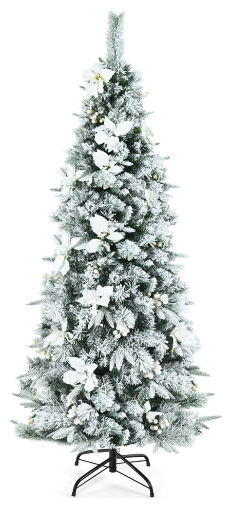 Costway 6ft Snow Flocked Christmas Pencil Tree w/ Berries & Poinsettia Flowers