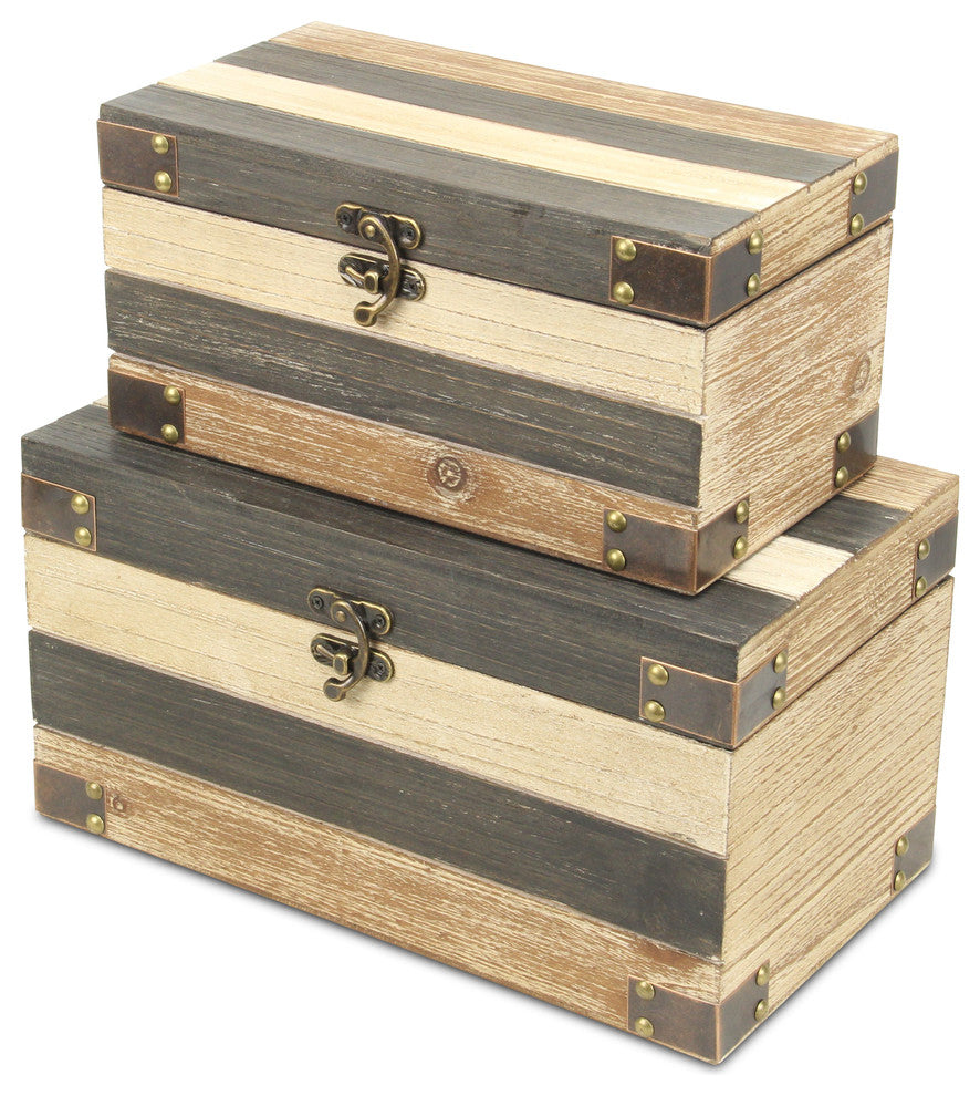 Wood Panel Storage Boxes, Bronze Metal Accents, 2-Piece Set