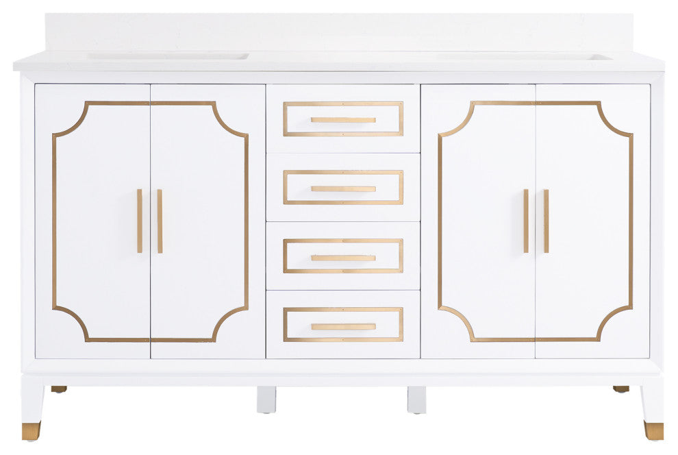Melody Freestanding Bathroom Vanity with Wall Vanity Mirror and Quartz Top, White, 60"