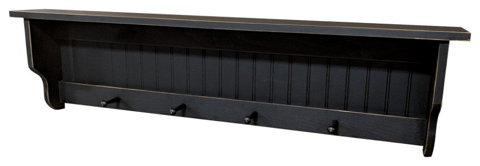 Pine Shelf With Pegs, Old Black