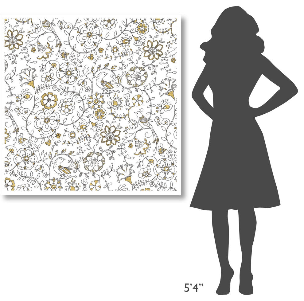 "Color my World Birds Suzanis Pattern Gold" Print by Daphne Brissonnet, 42"x42"
