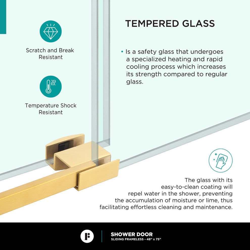 Frameless Clear Sliding Shower Door With Tempered Glass - Shower Bathroom Door, Satin Brass, 48" X 75", Single Sliding Door