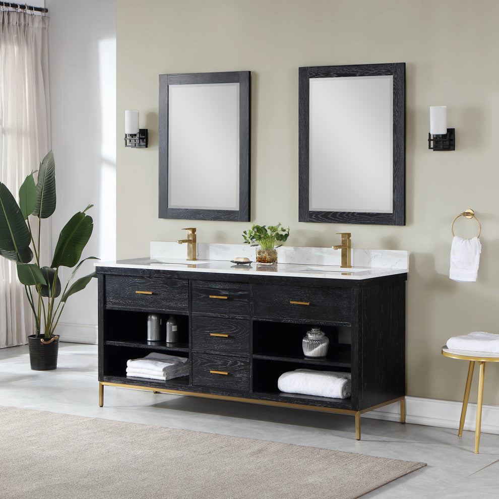 Kesia Black Oak Bathroom Vanity Set, 72", With Mirror