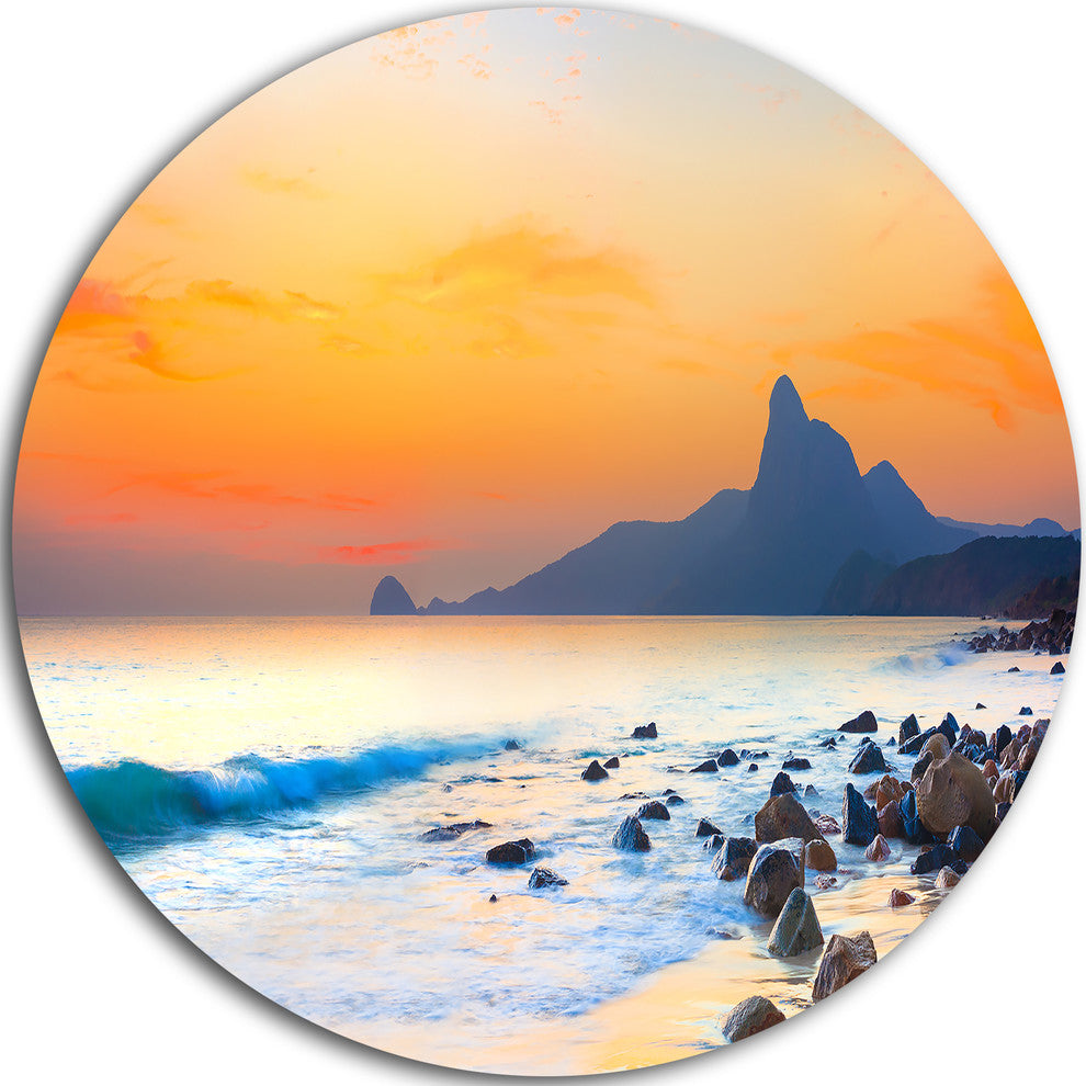Stone In The Beach At Sunset, Seashore Photo Round Wall Art, 38"