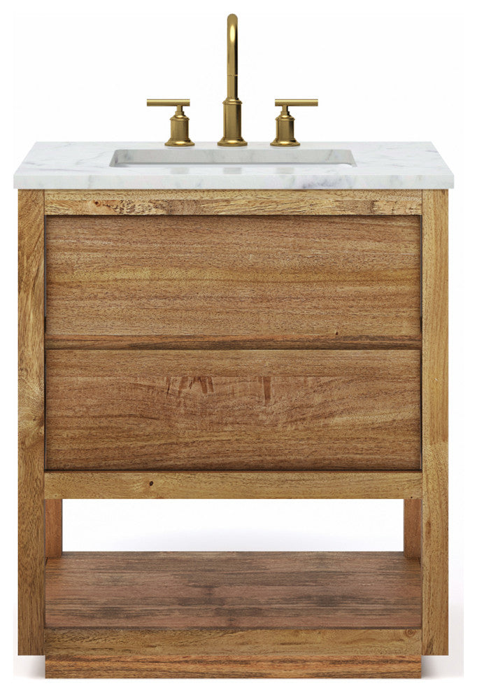 Oakman Marble Top Vanity in Mango Wood with Faucet, 30, Vanity With Satin Gold Faucet